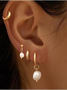 Women's 4 Pearl Earring Set 14k Gold Plated Jewelry Gold Hoop Earrings